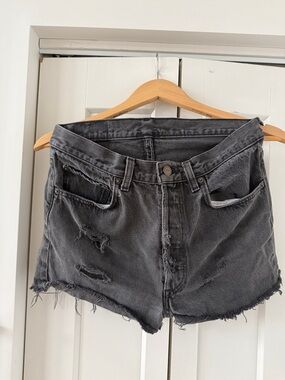 Levi's High Rise Washed Black Distressed Denim Cutoff Shorts